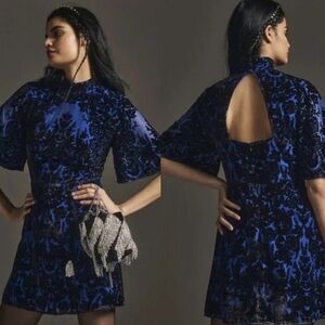 Anthropologie Mock-Neck Velvet Mini Dress in Blue Sz 10